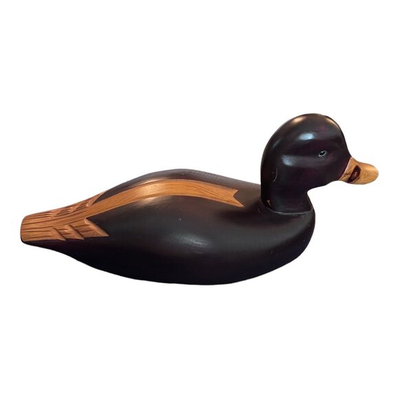 Vtg Carved Wooden Hunting Duck Decoy 14" Long Glass Eye Brown Made in Canada - Picture 6 of 9